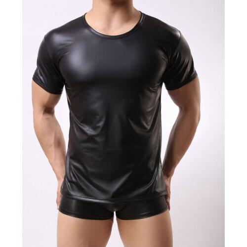 Men PU Artificial Leather T-shirt Hot Sexy Club Dance Clothing Light Standard Mens Short Sleeve O collar Tshirts Tops Tees