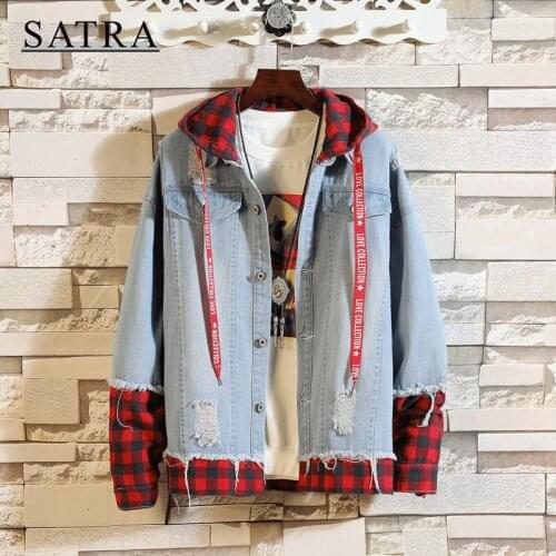 SATRA 2021 New Arrival Color Matching Loose Plaid Jeans Jacket Men, Mens Trend Cowboy Ripped Distressed Denim Jacket coat
