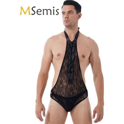 Mens Lingerie Halter Lace-up Open Butt Erotic Teddies Sissy Bodysuit Underwear Floral Lace Deep V See-through Leotard Nightwear