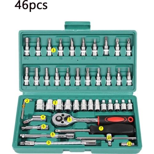 46pcs Socket Ratchet Car Repair Tool Wrench Set Head Ratchet Pawl Socket Spanner Screwdriver Professional Metalworking Tool Kit