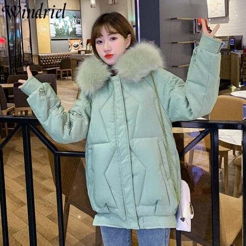 Windriel 2021 Loose Winter Coat Women Warm Large Fur Parkas Hooded Cotton Padded Clothing Outerwear Zipper Fashion Jackets