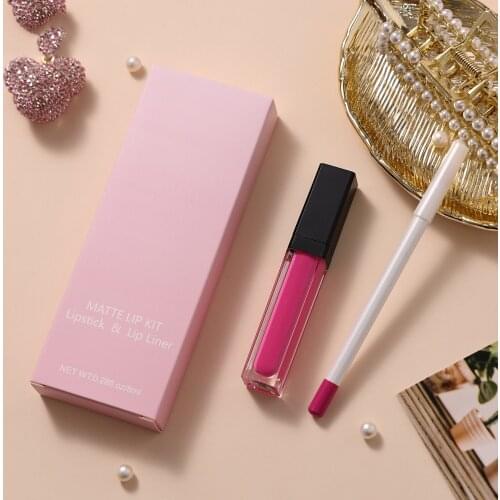Lip Liner and Lip Gloss Set Private Label Liquid Matte Lipstick Waterproof No Brand Wholesale Bulk Makeup Lip Kit Pink Packaging