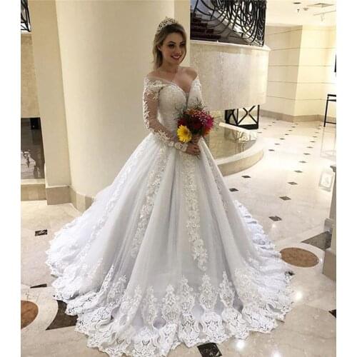 Luxury Princess Lace Long Sleeve Wedding Dress Off The Shoulder Appliques Wedding Dresses Custom Made Plus Size Bridal Gowns