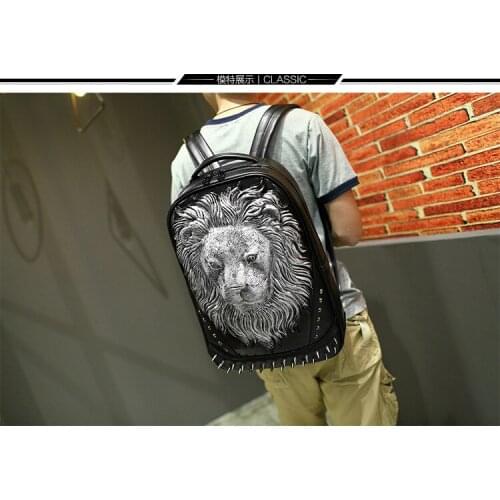 New Creative Backpack Men and Women Chic Cool Personality Lion Head 3D Backpack Pu Laptop Bag Travel Bag