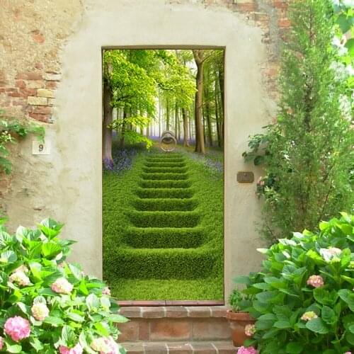 DIY 3D Green Stairs Forest Scenery Door Stickers Creative PVC Self-adhesive Living Room Door Mural Wall Sticker Poster Wallpaper