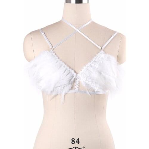 Sexy White Feathers Bralette Elastic Tops Body Cage Bondage Harness BurningMan Exotic Apparel Gothic Bodysuit Lingerie DO0599