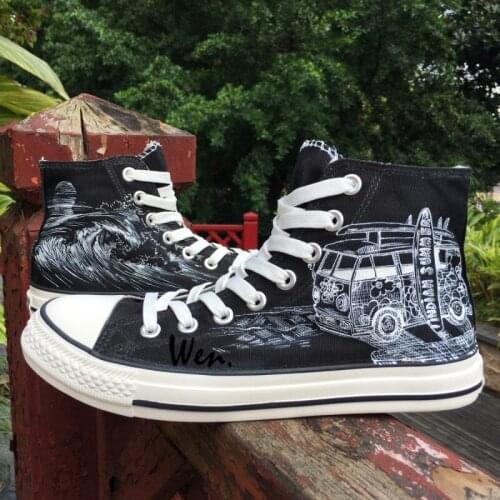 Wen Original Design Station Wagon Holiday Seaside Surfing High Top Hand Painted Black Canvas Shoes Adults Unisex Sneakers