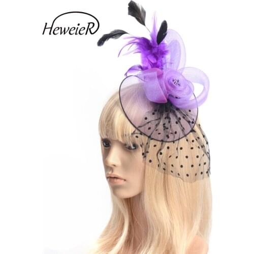 Women Fascinators Hat Purple Mesh Feather Wedding Party Cocktail Ascot Races Headwear Hairpiece Handmade Bridal Hairpin Clip