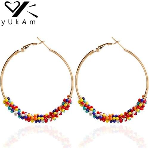 YUKAM Boho Big Exaggerated Round Loop Earrings Circle Creole Hoop Earrings Gold Seed Beads Earrings for Women Handmade Jewelry