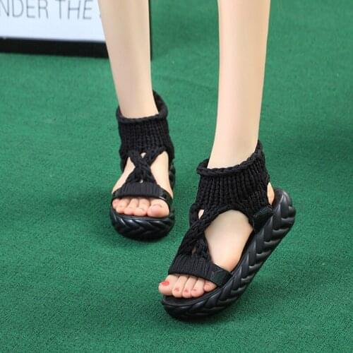 GAOKE Wool knitting Sandals women Knit Cross Fish Mouth platform Sandals Summer 2021 Female Heeled Footwear Open Toe Wedge Shoes