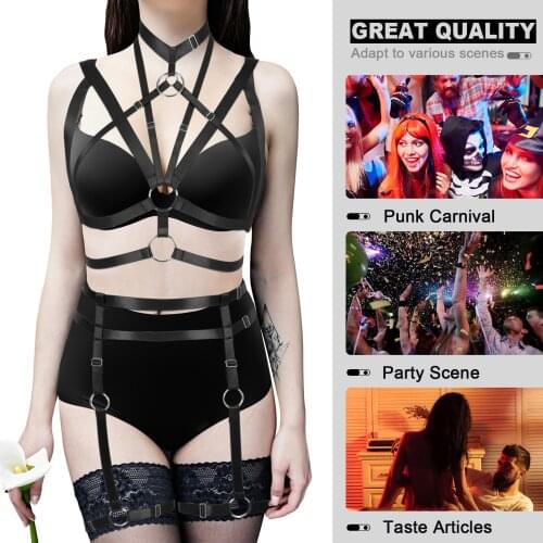 Women Bdsm 2-Piece Set Body Harness Hollow Out Suspender Set Buttocks Bondage Cage Garter Belt Stockings Erotic Lingerie Gothic
