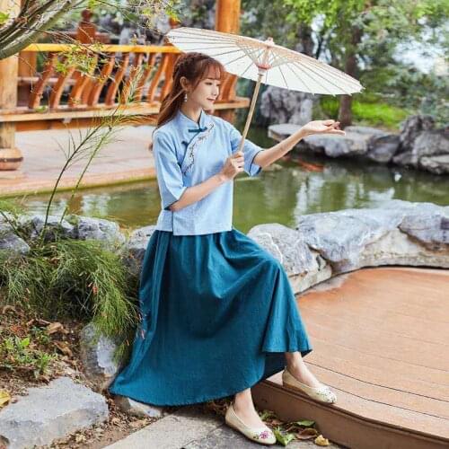 Lady Traditional Chinese Style Crop Embroided Women Top Vintage Chinese Embroidery Shirt Skirt Outfits Linen Clothing Women Set