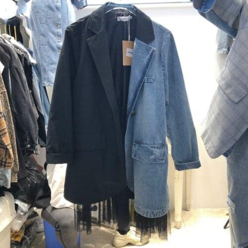 2019 NEW spring and summer fashion women clothes Season denim patchwork turn-down collar full sleeves mesh jacket