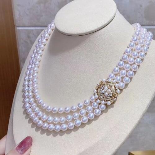 3rows freshwater pearl near round necklace 7-8mm nature beads for women gift wedding