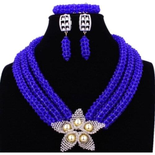 4UJewelry Royal Blue and Silver Flower Nigerian Bridal Jewelry Set Crystal African Jewellery Necklace Set