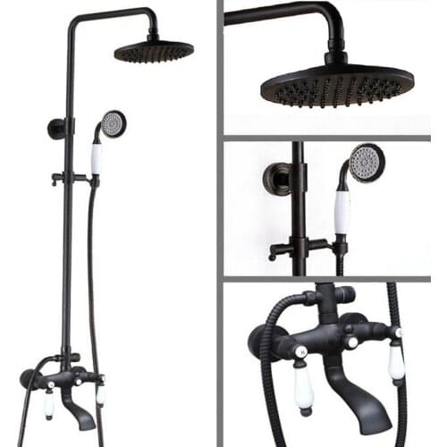Oil Rubbed Bronze Dual Ceramics Handles Bathroom Rainfall Shower Faucet Set + 8 Inch Rain Shower Head + Handheld Shower ahg146