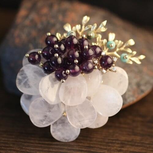 UBESTNICE Trendy Natural Gemstone Quarzt Flower Brooches Copper Gold Plated Amethyst Pendants For Women Party Gift Fine Jewelry