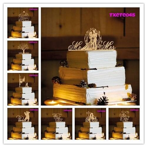 Mixed Style Wood Rustic Wedding Cake Topper Bride and Groom Silhouette , Mr & Mrs Topper for Wedding Decoration Anniversary