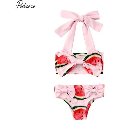 2020 Cute 1-6Y Baby Kids Girls Bow Swimwear Two Pieces Watermelon Halter Top+Bow Shorts Set Swimming Swim Bathing Beachwear
