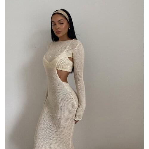 DSMTRC 2021 Fall Knit See Through Long Sleeve Maxi Dress with Women Elegant Backless Cut Out Shawl Dresses 2 Pieces Set