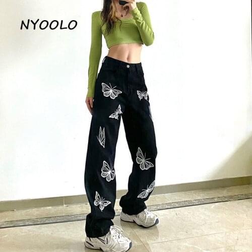 NYOOLO Vintage Design Butterfly Print High Waist Washed Baggy Jeans Women Clothes Casual Boyfriend Black Straight Denim Pants