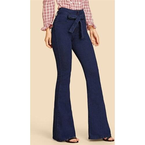 Tie Waist Flare Hem Jeans Women Denim Trousers Vintage ladies Clothes Fall High Waist Pants Belted Stretchy Jeans wide leg jeans