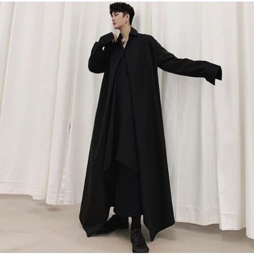 Homens de Manga Longa Preto Branco Irregular Corda Vestido Camisa Masculina Mulheres Streetwear Camisa Gótico Do Vintage Longo E