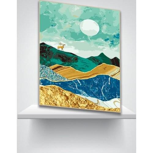 DIY Oil Painting By Numbers The Sika Deer On The Mountain Is Looking At The Moon Artistic Conception Painting For Home Decor