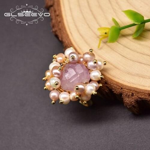 GLSEEVO Natural Irregular Purple Crystal Finger Ring Adjustable Elegant Women Wedding Anniversary Gift Pearl Jewelry GR0274