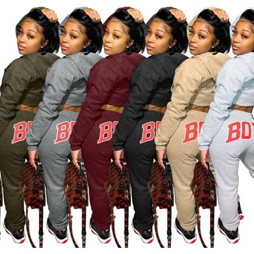 2 Piece Set Womens Sports Suit Hoodies Sweatshirt Crop Tops Letter Sweatpants Fall Winter Clothes Casual Outfits Tracksuits