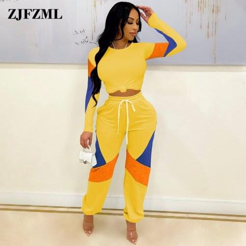 Contrast Color Patchwork Two Piece Jogging Suit for Women Long Sleeve Workout T-shirt+empire Drawstring Sweatpant Co Ord Sets