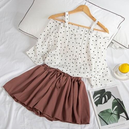 Summer Sexy two piece set Women Love print loose Chiffon blosue Tops + Shorts Elastic Waist Wide Leg Pants Suit Set 2 Piece Set