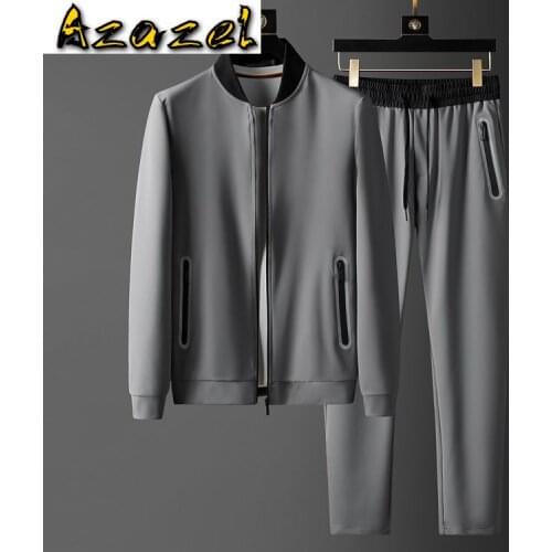 Azazel Grey Stand Collar Mens Sets 2 Pieces Luxury Autumn Zipper Casual Sport Male Sets Fashion Elastic Waist Slim Fit Man Pants