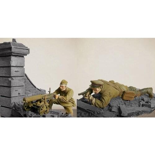 1/35 Resin Model Building Kit Figure officer and MG Soldier with base
