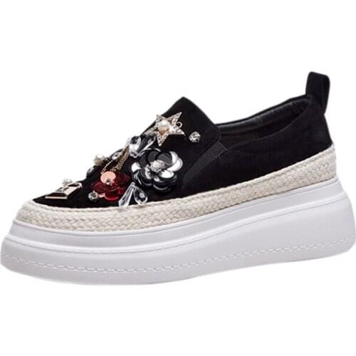 Spring and autumn new real sheepskin handmade custom platform shoes fashion beaded rhinestones tide brand flat casual shoes