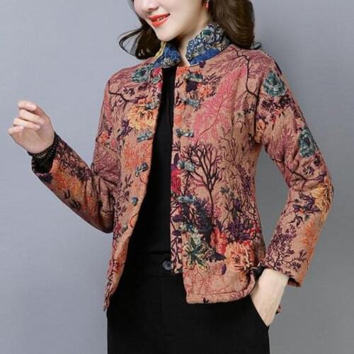 Fall Winter Vintage Casual Womens 3xl Mandarin Collar Cotton Padded Coat Parka , Autumn Female Woman Slim Floral Pattern Coats