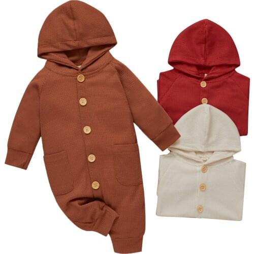 Citgeett Autumn Infant Baby Girls Boys Jumpsuit Hooded Solid Long Sleeve Romper Pockets Spring Clothes