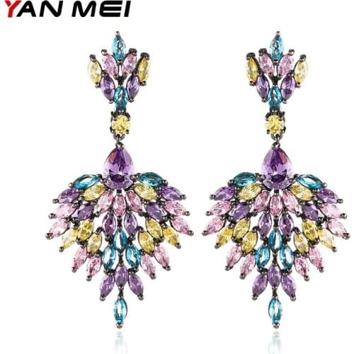 YANMEI CZ Multicolor Luxury Dangle Earrings For Women Geometric Large Pendientes Bohemia Rhinestone Fashion Jewelry YME5919Y