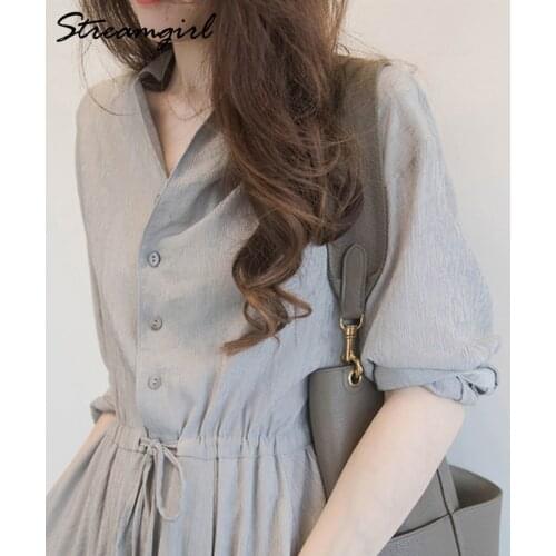 Streamgirl Women Dress Shirt V-Neck Autumn 2021 Elegant Black Womens Vintage Dresses For Women Gray Shirt Dress Female Robe