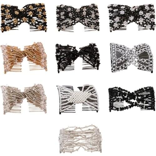 Women Handmade Pearl Beaded Jewelry Magic Hair Side Combs Stetchable Double Clip F3MD