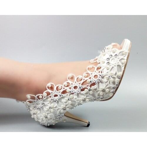 Womens wedding shoes New arrival Peep Toe white lace shoes pearl Ladies party shoes woman 8cm/10cm High heel
