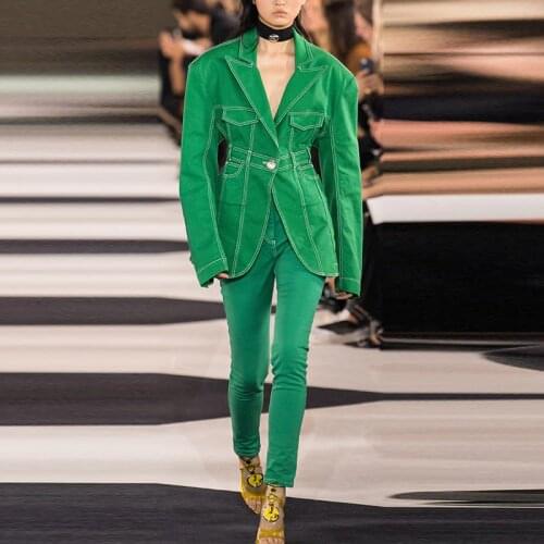 HIGH QUALITY New Fashion 2020 Runway Designer Jacket Womens Extra Shoulder Top Stitching Contrasted Single Button Denim Blazer