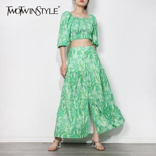 TWOTWINSTYLE Print Green Sets For Women Square Collar Puff Sleeve Tops High Waist Skirt Bohemian Two Piece Set Female Fashion