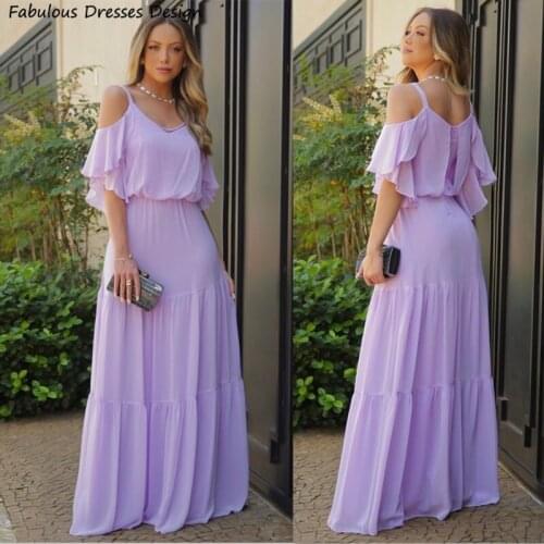 2021 Half Sleeve Prom Dresses Lavender Spaghetti Strap A Line Long Evening Party Gowns For Women Elegant Chiffon Vestidos
