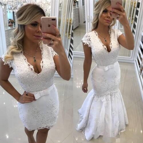 2020 Mermaid Lace Wedding Dresses With Detachable Train Deep V Neck button Back Bridal Gowns Plus Size Pearls Vestidos De Novia