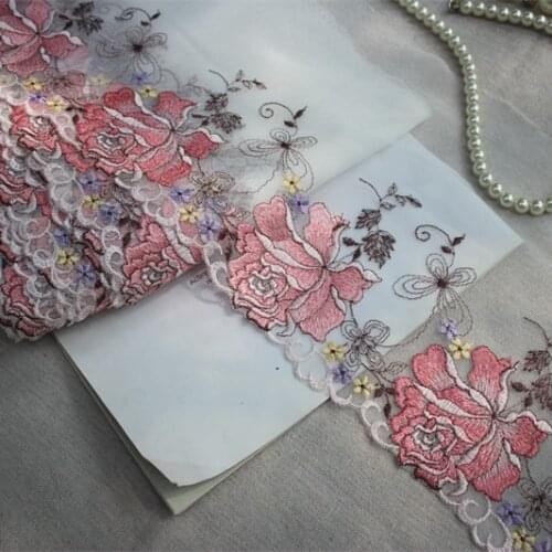 2Yards/Lot High Quality Pink Embroidery Tulle Lace Trim Lace Fabric Mesh Floral Lace Ribbon Sewing DIY Cloth