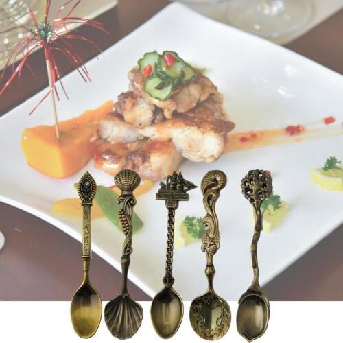 5 Pcs Spoon Set Kitchen Dining Vintage Bronze Carved Flatware Cutlery Mini Dessert Soup Cake Ice Cream Birthday Gift Wholesale