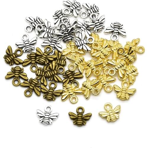 50pcs Wholesale Three Color Small Bee Charms Zinc Alloy Metal Pendants For DIY Handmade Jewelry Accessories Making 11*10mm