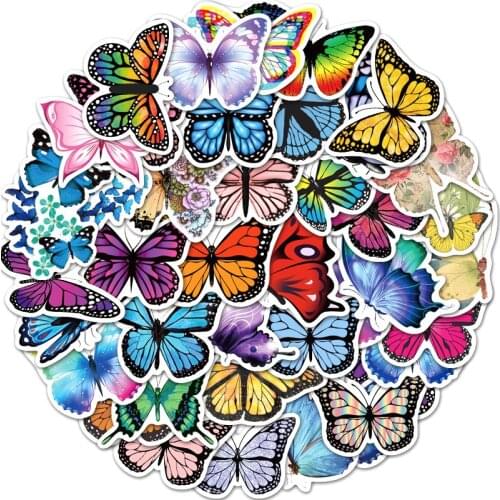 50pcs/pack Color Butterfly Graffiti Stickers For Cars Motorcycles Water cups Childrens toys Luggage Skateboards Computers