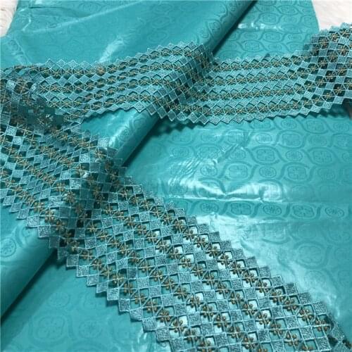 African Cotton Shiny teal green Bazin Riche Fabric 5yards with 10yards cord lace matching guipure lace fabric with bazin